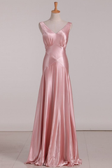 Formal Dresses Nearby, Pink V Neck Satin Backless Long Party Dress Bridesmaid Dress