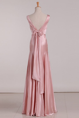 Formal Dress Prom, Pink V Neck Satin Backless Long Party Dress Bridesmaid Dress