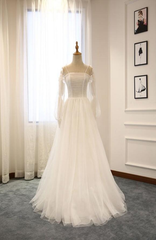 Wedding Dress Shopping Outfit, White A-Line Straps Long Sleeves Tulle Long Wedding Dresses