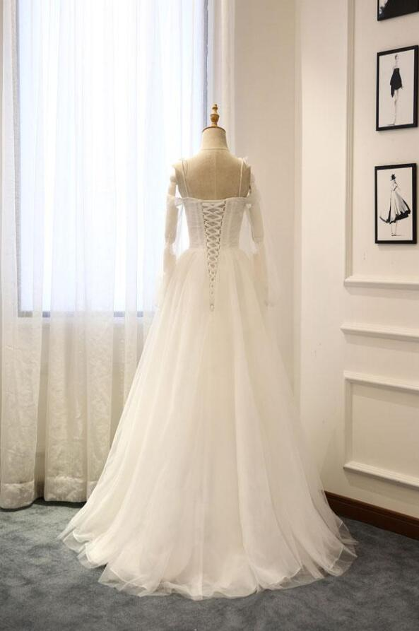 Wedding Dress Shopping Outfits, White A-Line Straps Long Sleeves Tulle Long Wedding Dresses
