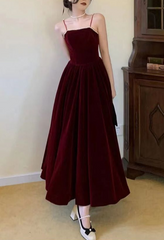 Formal Dresses Long Sleeves, Burgundy A-Line Spaghetti Straps Elegant Long Prom Dress Formal Party Dress