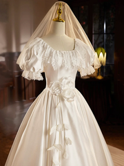 Formal Dresses Floral, White Satin Short Sleeves Tea Length Lace Retro A-Line Prom Dress