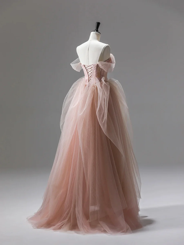 Formal Dress Lace, Pink A-Line Tulle Long Prom Dress Evening Gown