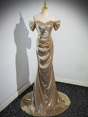 Formal Dress Ballgown, Gold Sequins Off Shoulder Mermaid Long Prom Dress Evening Party Dress