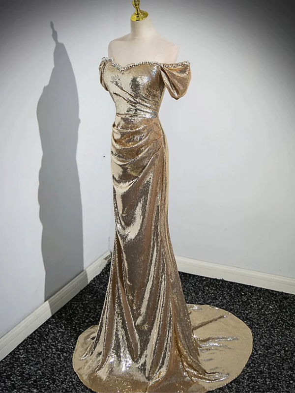 Formal Dress Australia, Gold Sequins Off Shoulder Mermaid Long Prom Dress Evening Party Dress