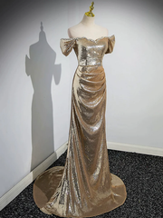 Formal Dress Boutique, Gold Sequins Off Shoulder Mermaid Long Prom Dress Evening Party Dress
