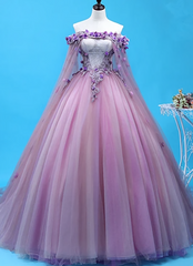 Party Dress Meaning, Light Purple Tulle Long Sweet 16 Gown Flowers Quinceanera Prom Dress
