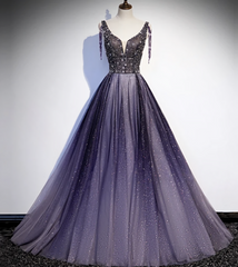 Party Dress Set, Charming Purple Gradient Tulle V Neckline Long Party Dress, A Line Prom Dress