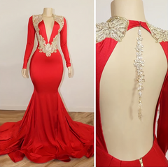 Party Dress Nye, Black Girl Prom Dresses, Long Sleeve Red Prom Dresses With Beads Crystals V Neck Open Back Sexy Evening Gowns Cheap