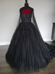 Wedding Dresses Online, Black Full Ballgown With High Neck Veil Wedding Dress, Bridal Gown With Long Train Sleeveless Sweetheart Strapless
