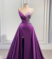 Wedding Dress Style, Purple Mermaid Dress With High Slit Detachable Train Wedding Reception Dress, Satin Lace Wedding Dress, African Prom Dress, Evening Dress