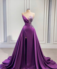 Wedding Dresses Ball Gown, Purple Mermaid Dress With High Slit Detachable Train Wedding Reception Dress, Satin Lace Wedding Dress, African Prom Dress, Evening Dress