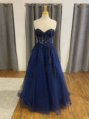 Evening Dress Fitted, Dark Navy Long A-line Tulle Lace Backless Formal Prom Dresses