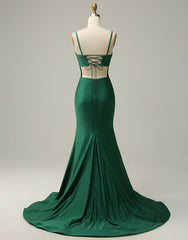 Party Dress Look, Dark Green Spaghetti Straps Corset back Prom Dress With Split