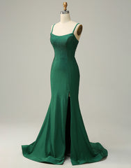 Party Dress New, Dark Green Spaghetti Straps Corset back Prom Dress With Split