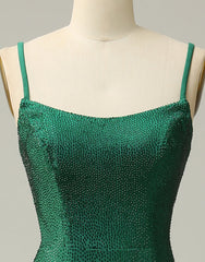 Party Dress Outfit Ideas, Dark Green Spaghetti Straps Corset back Prom Dress With Split