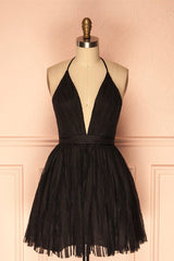 Evening Dresses, Deep V Neck Short Black Tulle Homecoming Dress