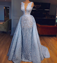Prom Dress Tight, Elegant Blue Lace Sleeveless Deep V Neck Prom Dresses Party Dresses