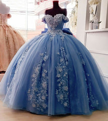 Formal Dress Prom, Off Shoulder Ball Gown Quinceanera Dresses 3D Floral Applique Sweet 16 Gowns