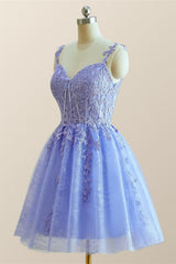 Bridesmaid Dress Inspiration, Straps Periwinkle Lace Appliques A-line Short Dress