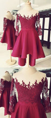 Ranch Dress, Cute High Low Lace Applique Burgundy Homecoming Dress, Short Prom Dress, E0744