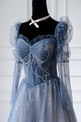 Formal Dress For Teens, Blue Sparkly Tulle Prom Dress with Long Sleeves, New Style Long Dress with Beading
