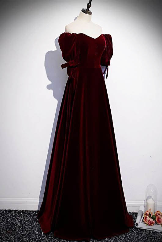 Formal Dress Modest, Modest Burgundy Long Prom Dresses with Short Sleeves Vintage Evening Gown