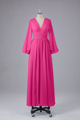 Party Dress Purple, Elegant Long Sleeves V Neck Chiffon Long Bridesmaid Dresses