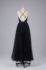 Party Dresses Ideas, Elegant Tulle Spaghetti Straps Backless Floor Length Prom Dress