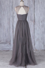 Gorgeou Dress, Elegant Grey Long Tulle Bridesmaid Dress with Keyhole Back