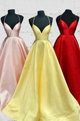 Formal Dress For Ladies, Elegant Yellow Satin Long Prom Dress with Cross Back
