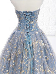 Ball Dress, Elegant A Line Blue Tulle Long Strapless Lace Up Gold Evening Dress, Prom Dresses, Js223