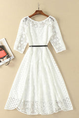 Unique Wedding Dress, Elegant White Half Sleeve Lace Round Neck Homecoming Dresses, Belt Ankle Knee Prom Dress, H1127