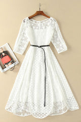 Midi Dress, Elegant White Half Sleeve Lace Round Neck Homecoming Dresses, Belt Ankle Knee Prom Dress, H1127