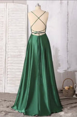 Emerald Green Prom Dresses, Strappy Back Slit Simple Satin Prom Dress