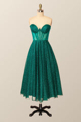 Prom Dresses Long With Sleeves, Green Corset A-line Tea Length Dress
