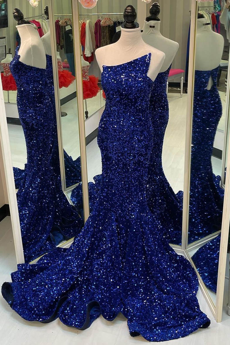 Homecoming Dresses Floral, Strapless Royal Blue Sequins Mermaid Long Formal Dress