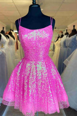 Formal Dress Party Wear, Cute Hot Pink Sequins A-Line Homecoming Dress Hoco Night Dresses