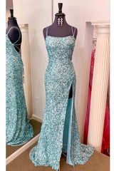 Homecoming Dress Elegant, Sparkle Tiffany Blue Sequins Long Prom Dress with Slit