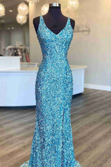 Homecomming Dresses Fitted, Glitter V-Neck Tiffany Blue Mermaid Prom Dreess