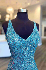 Homecoming Dress Tights, Glitter V-Neck Tiffany Blue Mermaid Prom Dreess