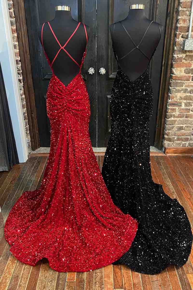 Homecoming Dresses, Mermaid Sequine Long Prom Dress with Double Straps