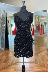 Homecomming Dresses With Sleeves, Cirss Cross Straps Black Sequined Homecoming Dress