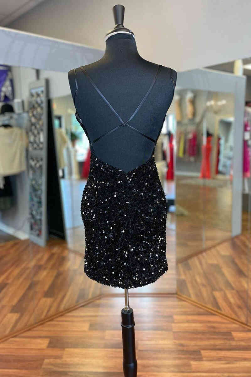 Homecomming Dresses Floral, Cirss Cross Straps Black Sequined Homecoming Dress