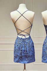 Homecoming Dress Style, Tie Back Blue Appliqued Bodycon Homecoming Dress