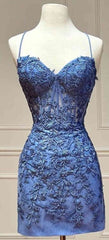 Homecoming Dress Formal, Tie Back Blue Appliqued Bodycon Homecoming Dress