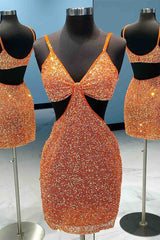 Homecomming Dress With Sleeves, Cut Out Waist Orange Beaded Mini Homecoming Dress