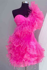 Homecomming Dresses Bodycon, Ruffled Tulle Shoulder Hot Pink Short Homecoming Dress with Feather
