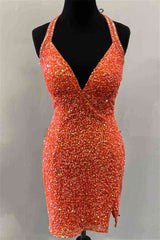 Homecoming Dresses Baby Blue, Halter Orange Sequins Bodycon Homecoming Dress with Tassel