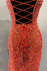 Homecoming Dress Modest, Halter Orange Sequins Bodycon Homecoming Dress with Tassel